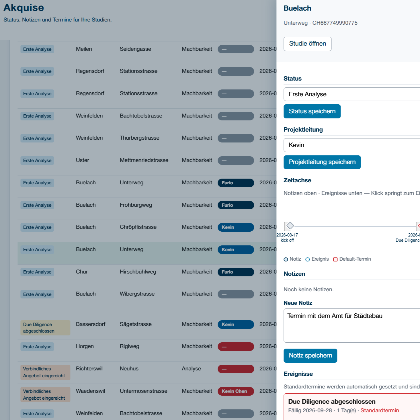 Akquise-Board mit Status, Notizen und Terminen